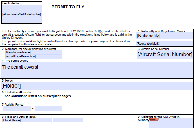 Image of blank CAA Form 20a, Permit to Fly